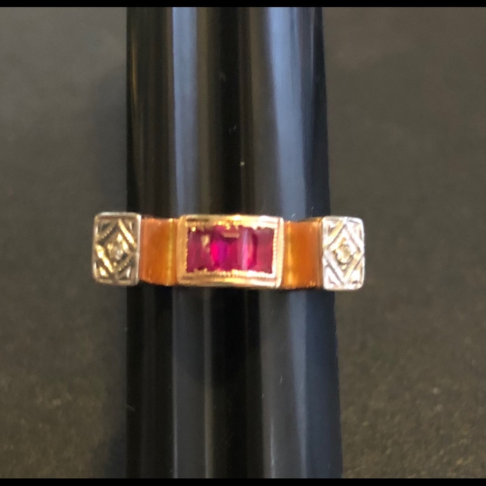 Antique 14k gold, ruby, diamond ring.